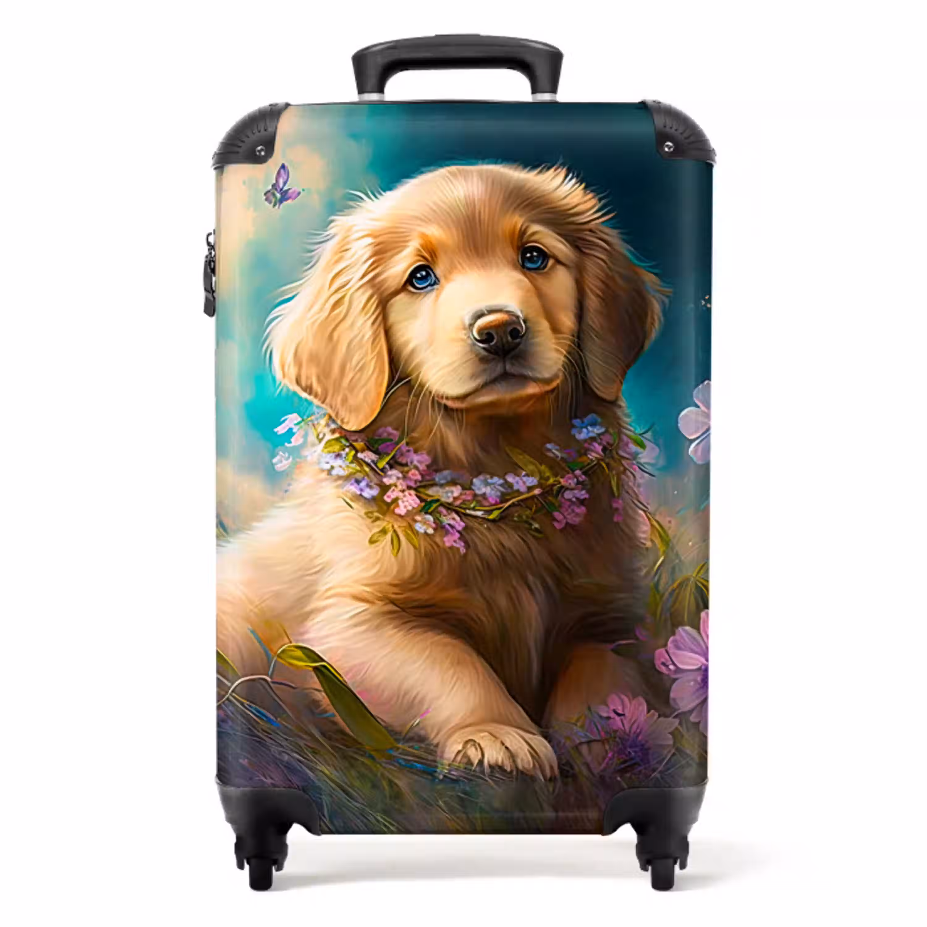 Puppy - Bloemenkrans - Vlinder - Hond - Golden retriever NBS - Handbagage koffer - Unisex middel -productfoto_recht