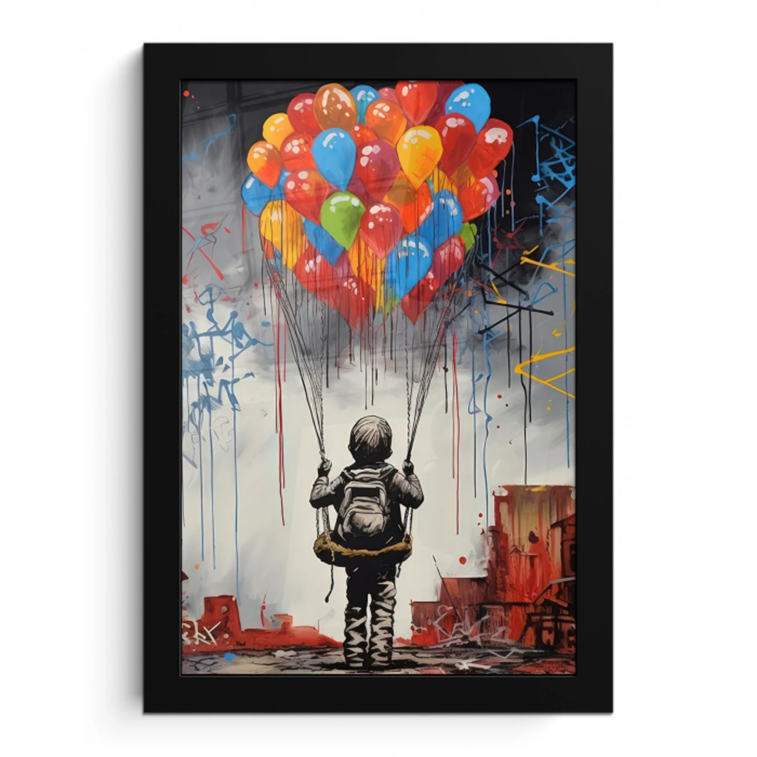 Jongen - Ballonnen - Gebouwen - Kunst fotolijst zwart zonder passe partout klein -3d