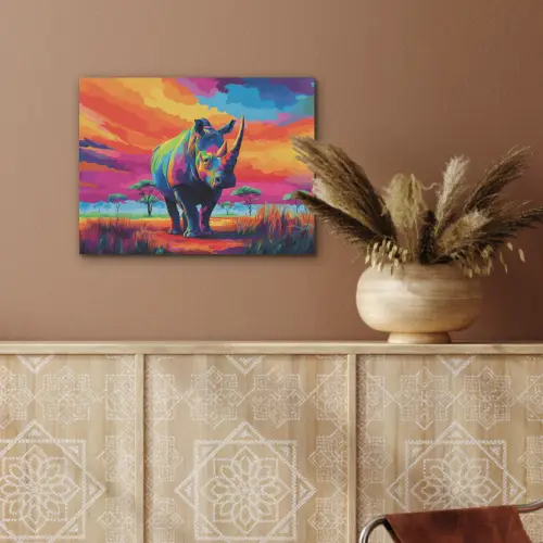 Neushoorn - Zonsondergang - Savanna - Kleurrijk PET vilt klein -sfeer4