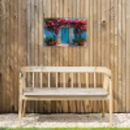 Deur - Hout - Bloemen - Blauw Tuinposter op houten frame 2 cm dik klein -sfeer4