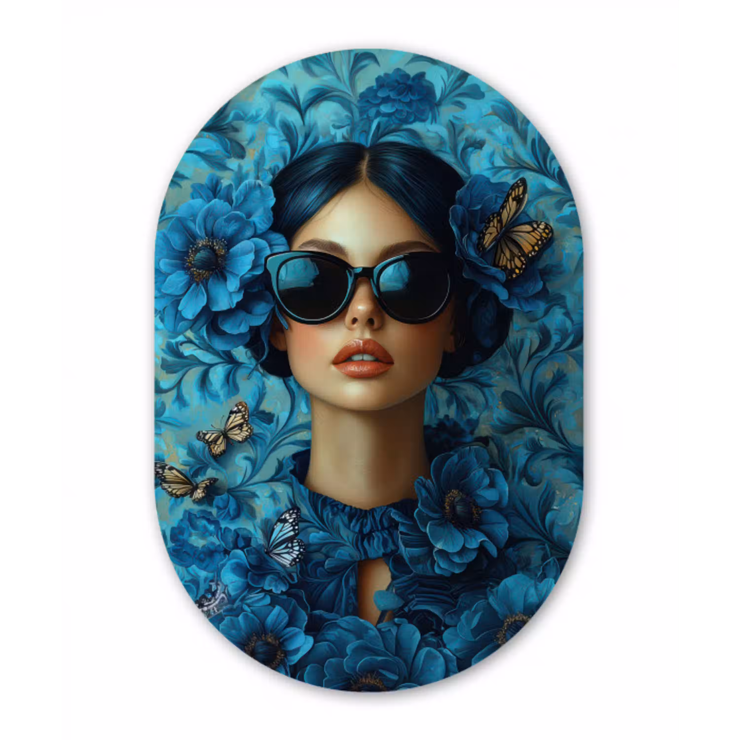 Vrouw - Bloemen - Vlinders - Blauw - Abstract Wandcirkel Ovaal Aluminium middel -3d