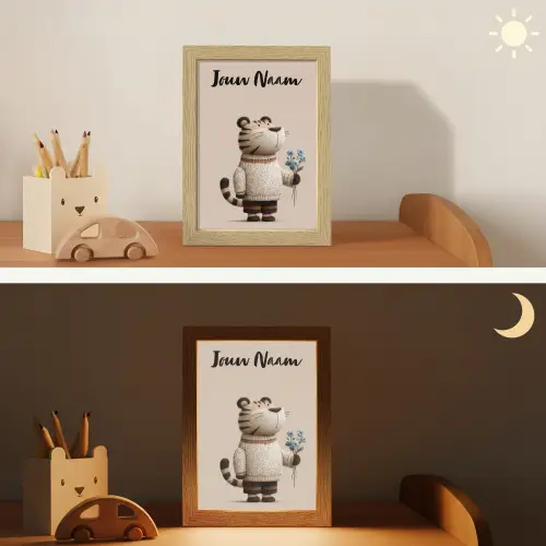 Tijger - Blauwe bloemen - Rustig Light Box met kabel (Kinderlampje) klein -sfeer3_kind