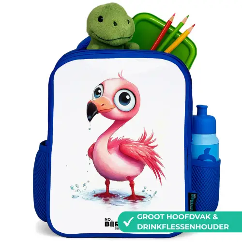 Roze flamingo in het water Kinderrugzak - Blauw middel -inhoud_NL