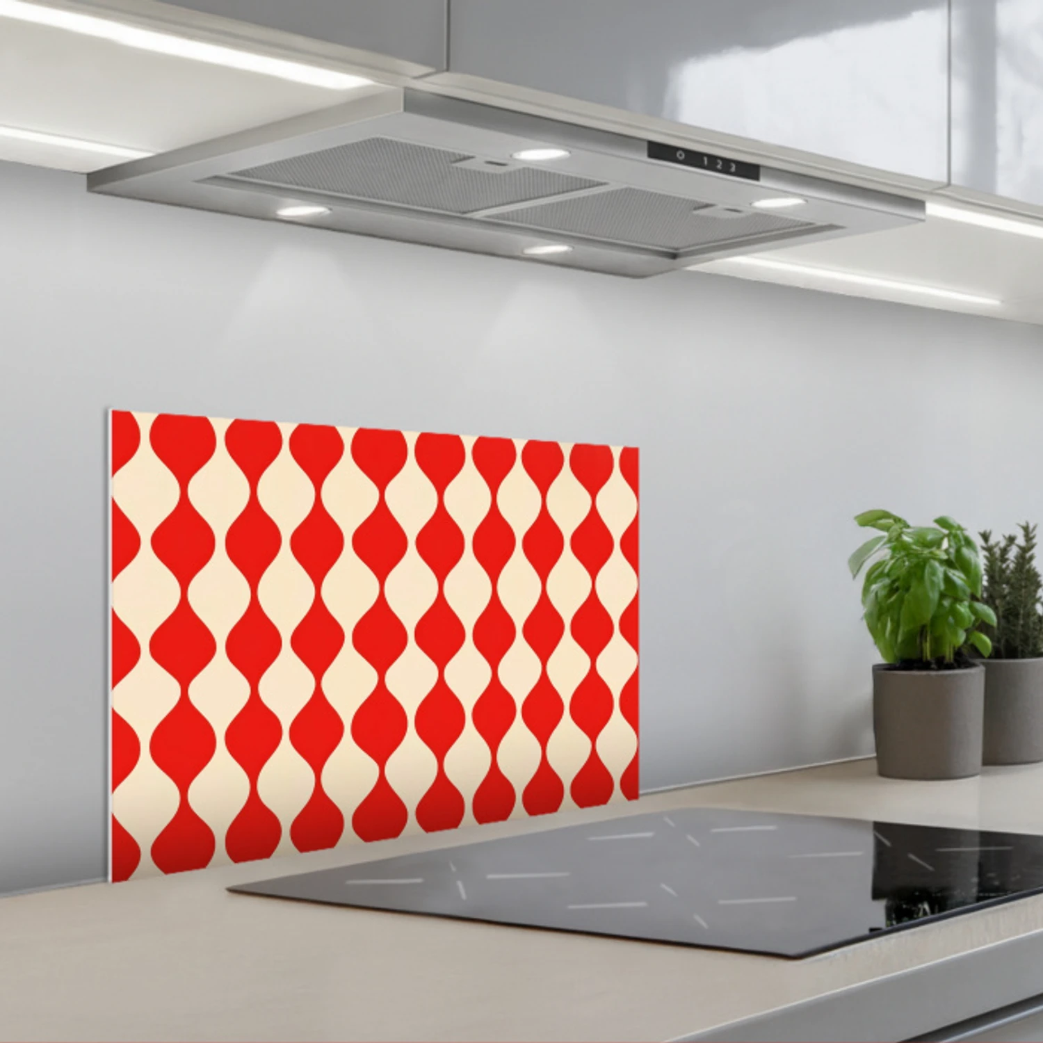 Golvend patroon - Retro - Rood - Beige keuken achterwand spatscherm klein 900 -3d_schuin