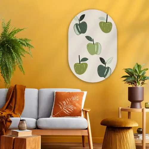 Appels - Groen - Illustratie - Bladeren Wandcirkel Ovaal Glas middel -sfeer4