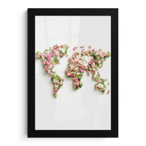 Wereldkaart - Bloemen - Subtiel fotolijst zwart zonder passe partout klein -3d