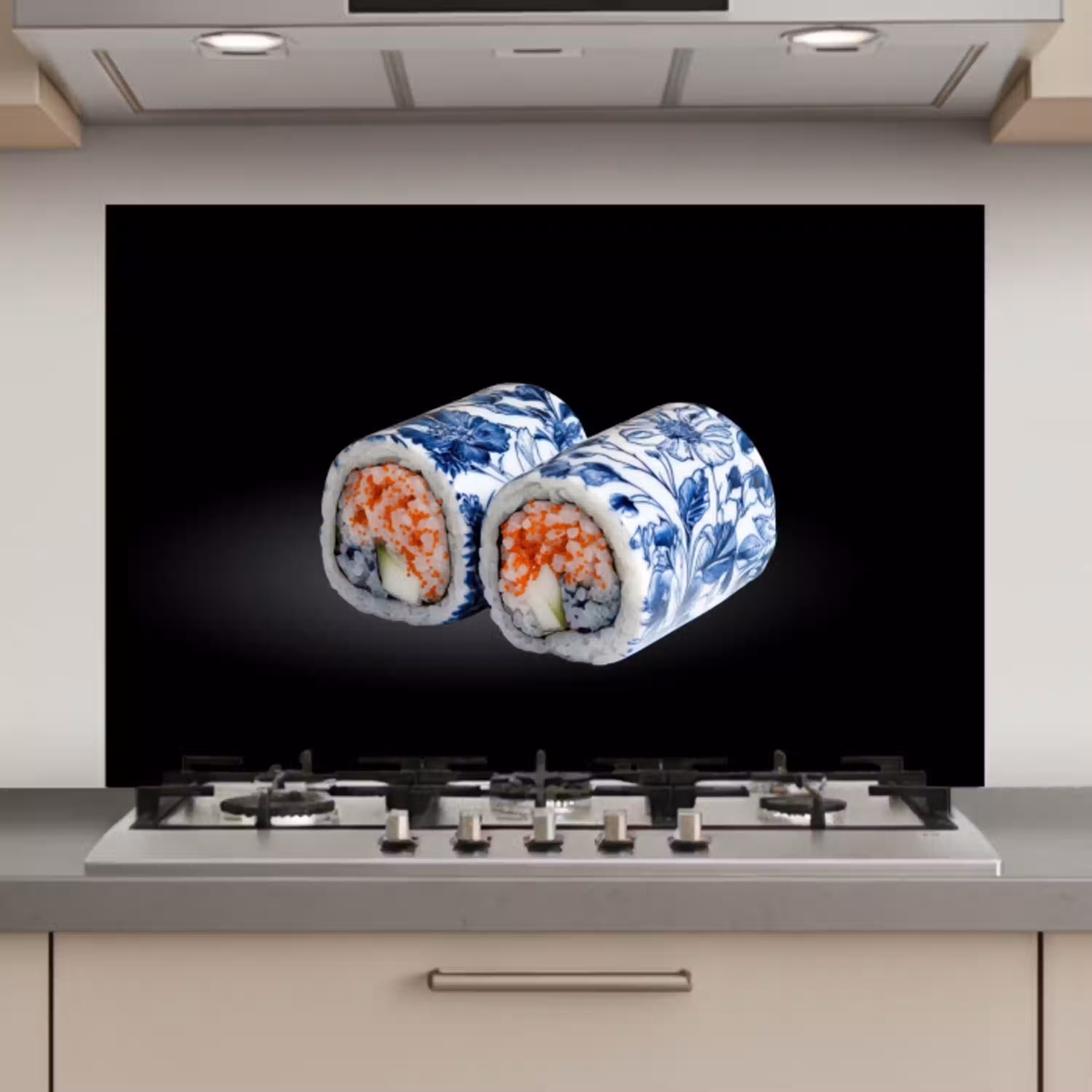 Sushi - Delfts blauw - Rijst - Vis - Elegant keuken achterwand spatscherm klein -3d_website