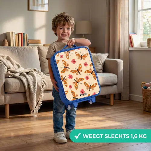 Oranje vlinders en roze bloemen op beige achtergrond Kinderkoffer - Blauw klein -sfeer2_NL