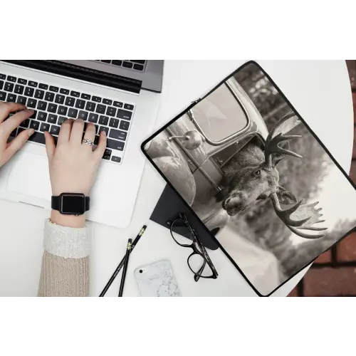 Eland - Auto - Gewei - Zwart - Wit laptophoes neopreen klein -bureau