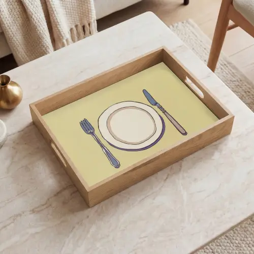 Illustratie - Bord - Bestek - Beige Dienblad Rechthoek middel -sfeer1