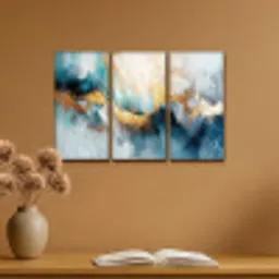 Blauw - Abstract - Wit - Goud - Verf Canvas - Meerluiken 3 luik klein -sfeer5