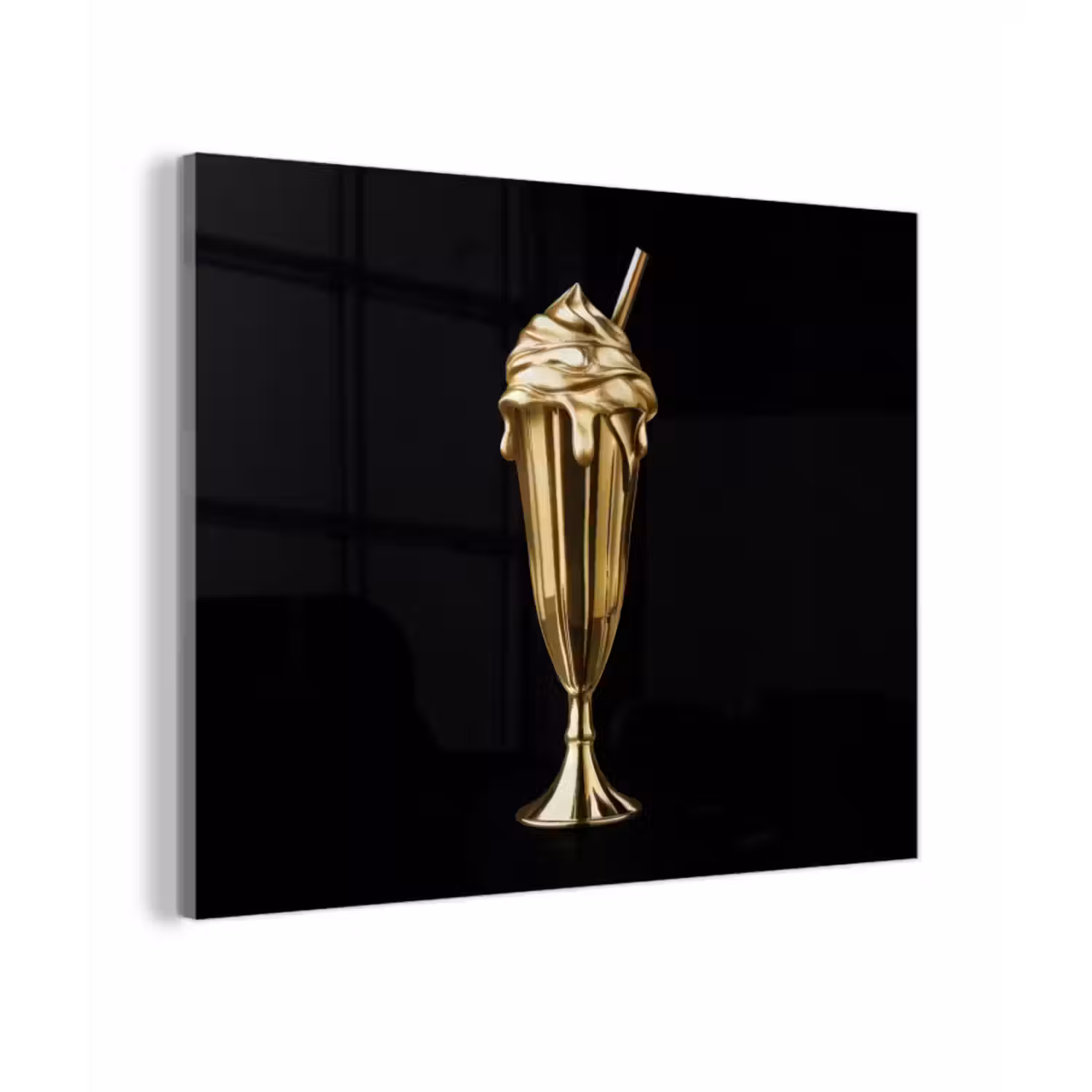 Glas schilderij - Milkshake - Goud - Drinken - Zwart