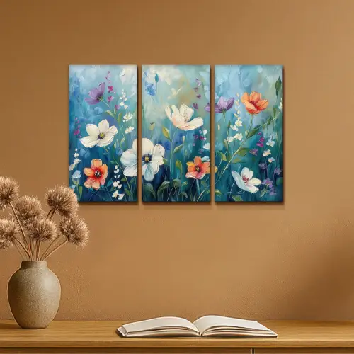 Bloemen - Kleurrijk - Blauw - Natuur Canvas - Meerluiken 3 luik klein -sfeer5