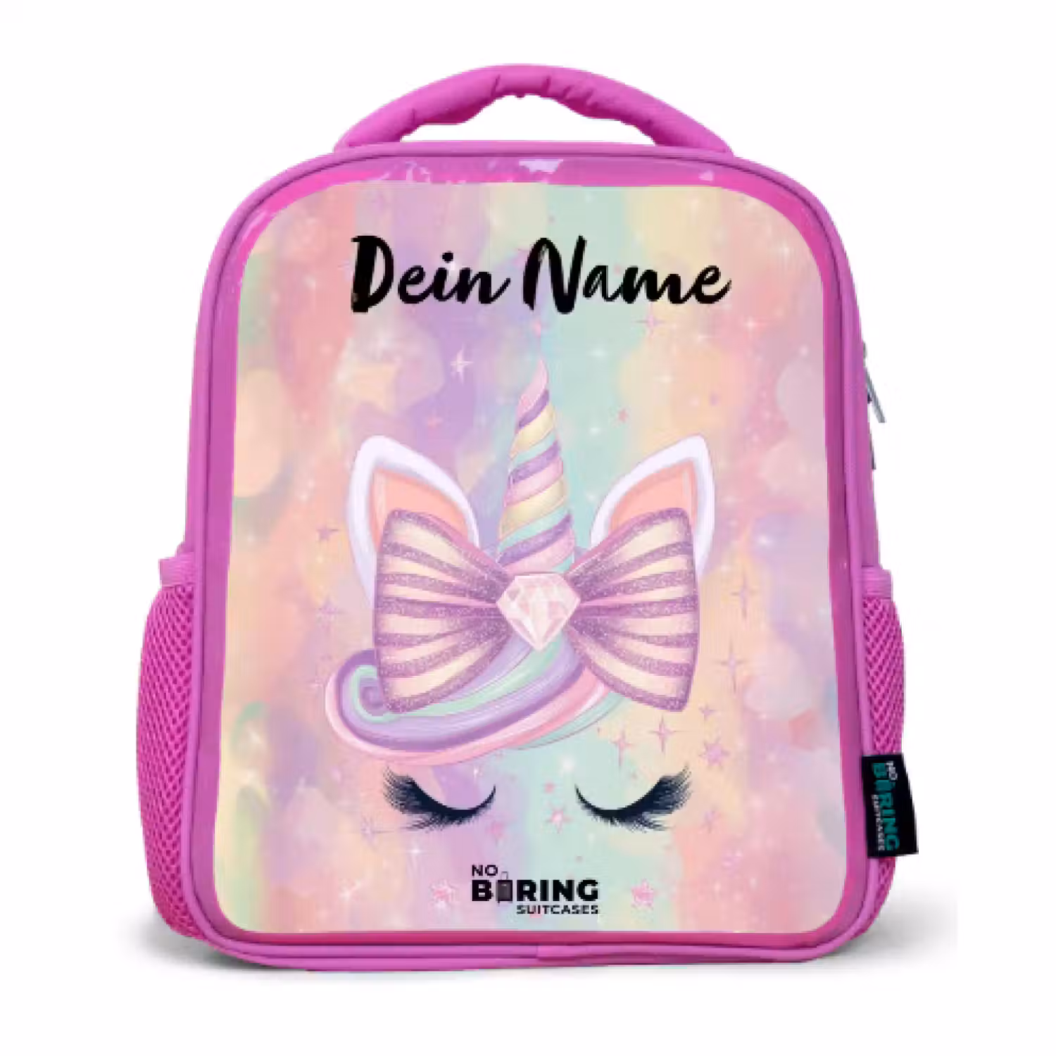 Kinderrucksack mit Name - Rosa - Einhorn - Glitzer - Regenbogen - Pastell