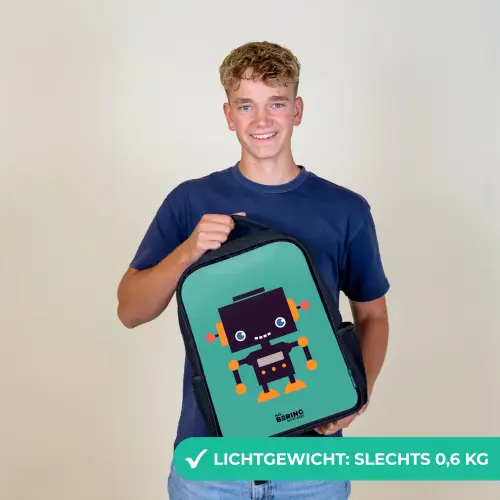 Zwarte robot met oranje accenten op een blauwe achtergrond Rugzak - Zwart middel -sfeer7_NL