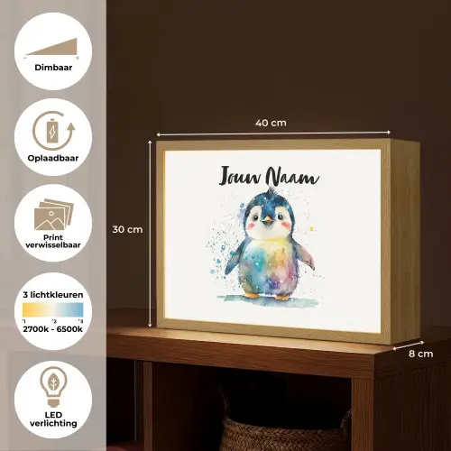 Pinguïn - Regenboog - Waterverf - Dieren - Kinderen Light Box met batterij (Wandlamp kind) middel -USP_websiteoverzichtNL