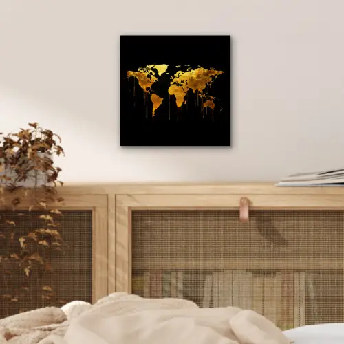 Wereldkaart - Goud - Druipen - Zwart aluminium wit klein -sfeer3