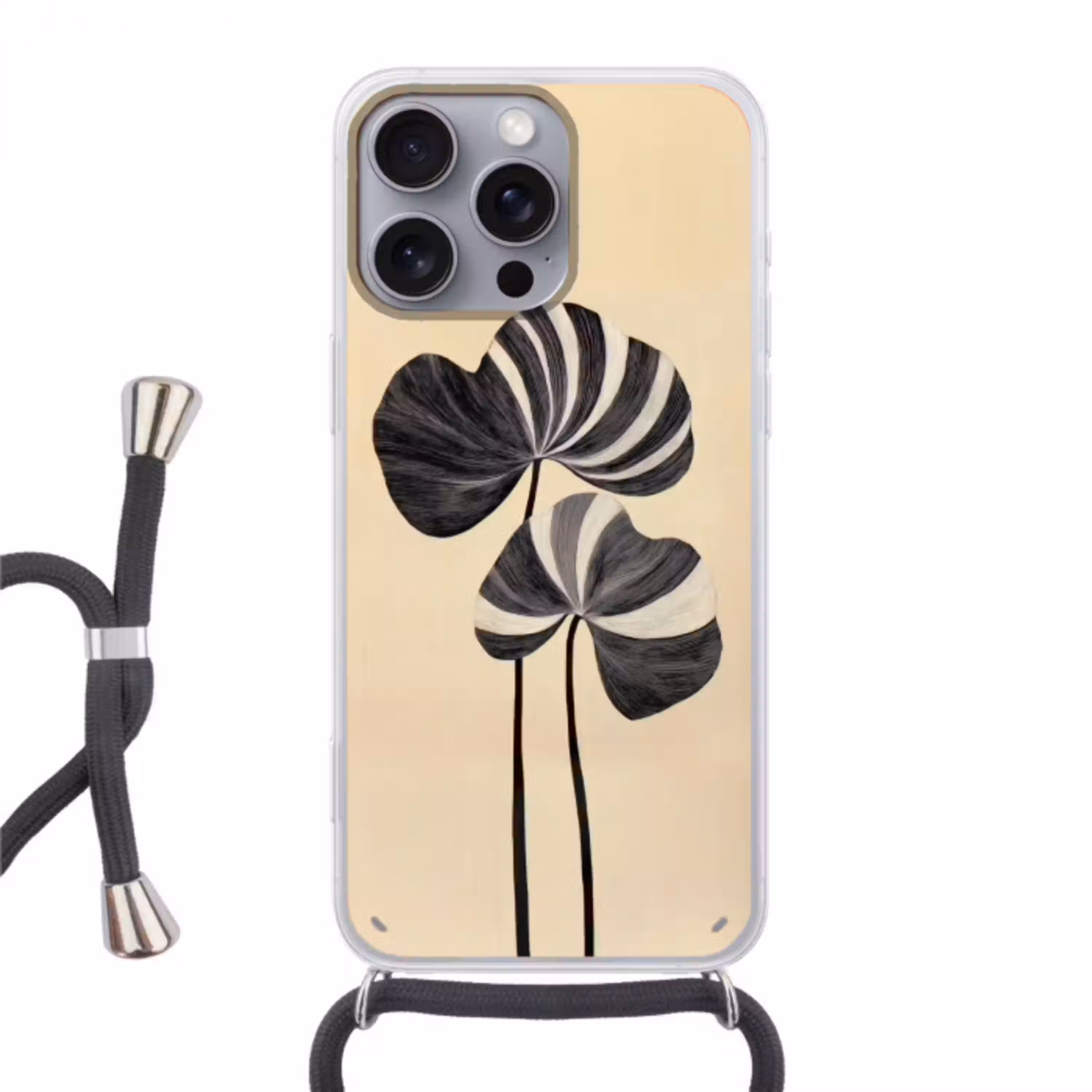 Zwart - Bladeren - Strepen - Minimalistisch Hoesje iPhone 16 Pro Max met koord klein -3d