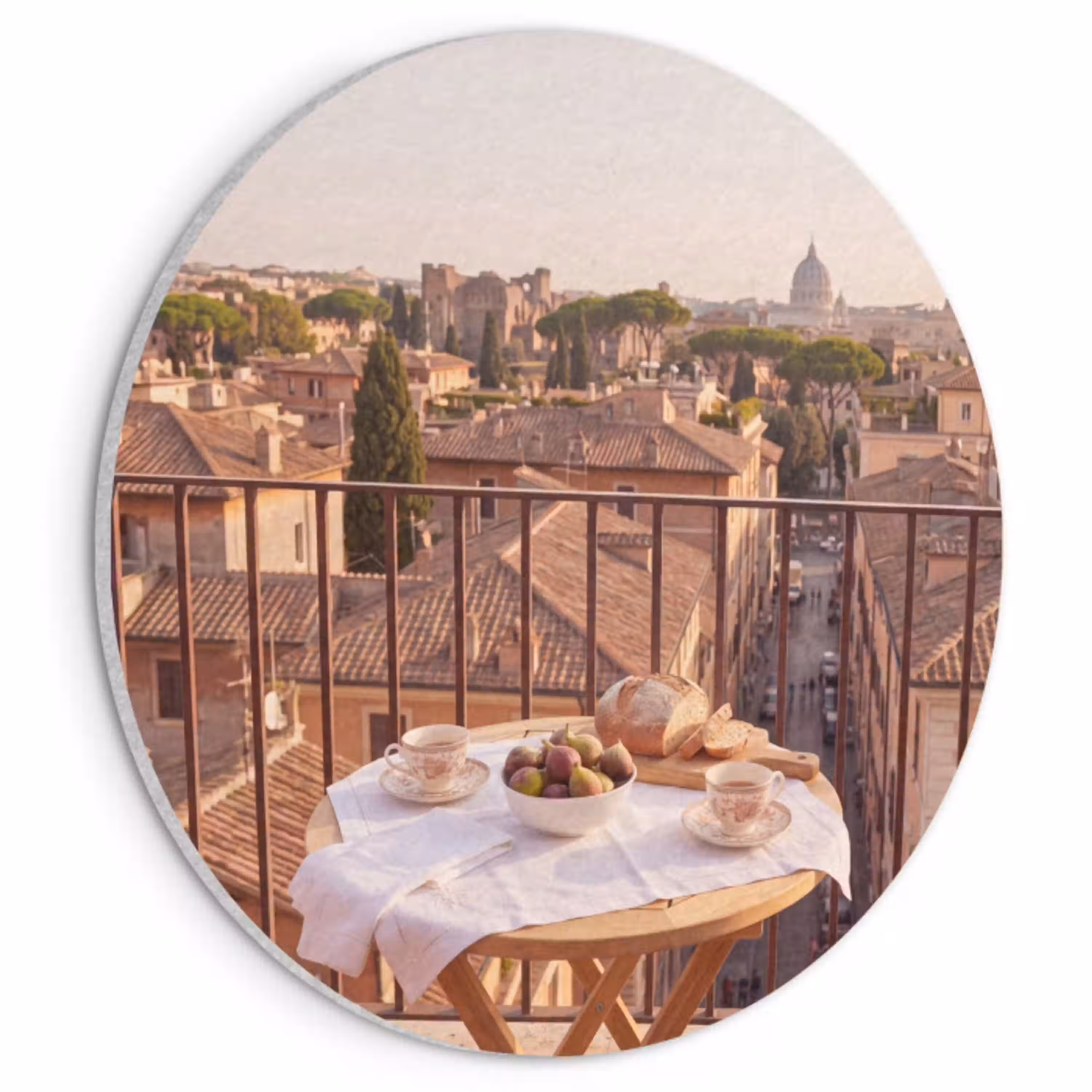 Eten - Ontbijt - Balkon - Stad - Zonsopgang Akoestische PET Vilt - Rond klein -3d