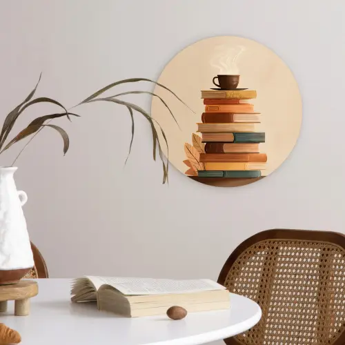 Boeken - Toren - Koffie - Beige Wandcirkel kunststof plaat 5mm dik klein -sfeer4