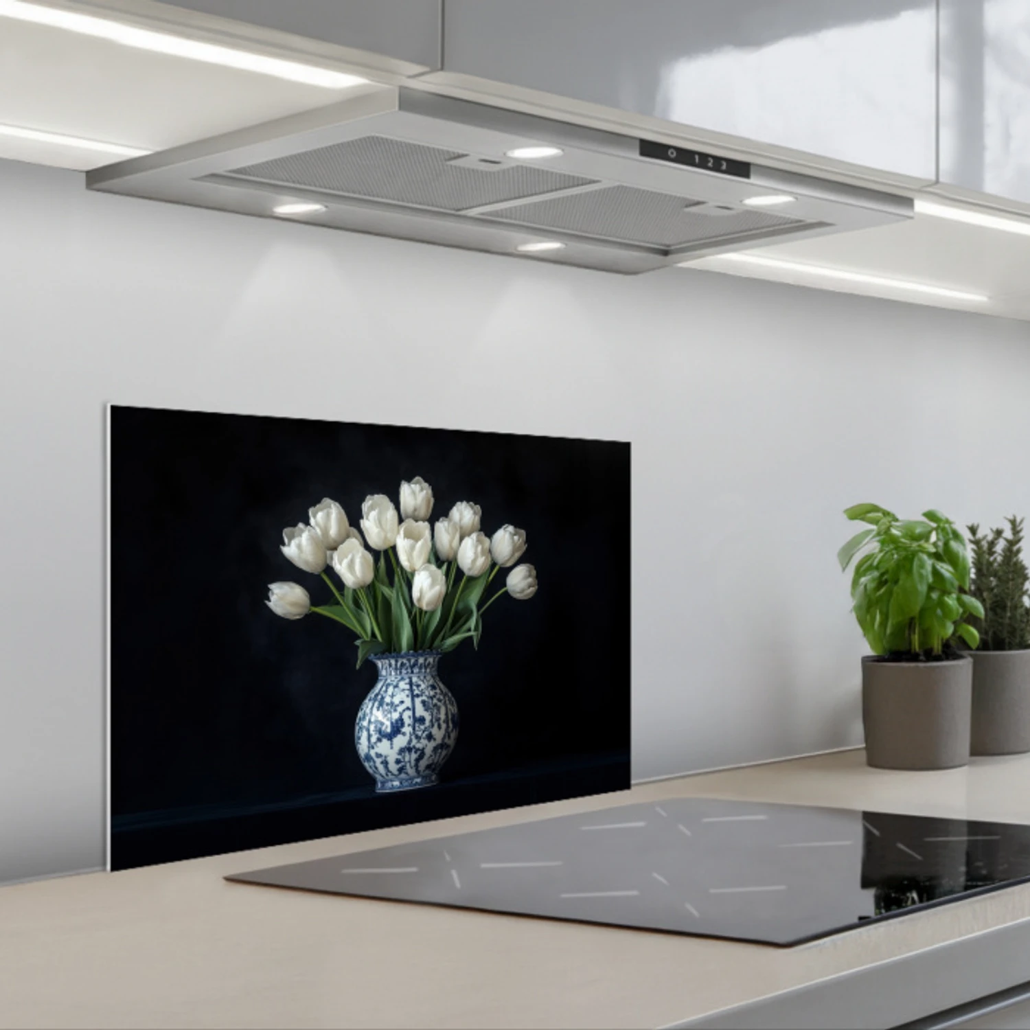 Wit - Bloemen - Tulpen - Vaas keuken achterwand spatscherm klein -3d_schuin