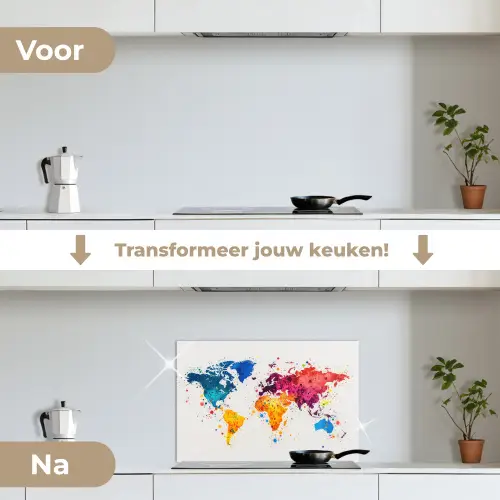 Wereldkaart - Graffiti - Kleurrijk keuken achterwand spatscherm klein -voor_na_NL