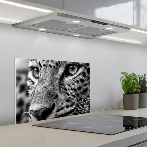Luipaard - Zwart - Wit - Oog keuken achterwand spatscherm klein -3d_schuin