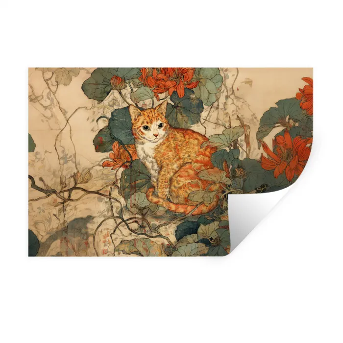 Kat - Sierlijk - Bloemen Muursticker klein -3d