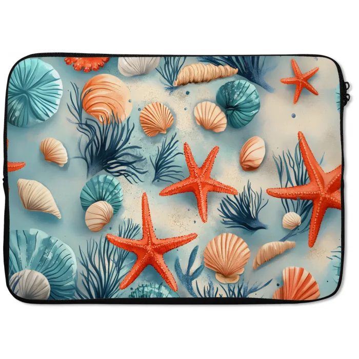 Zeesterren - Schelpen - Illustratie - Zand laptophoes neopreen klein -zkaufland3dotto