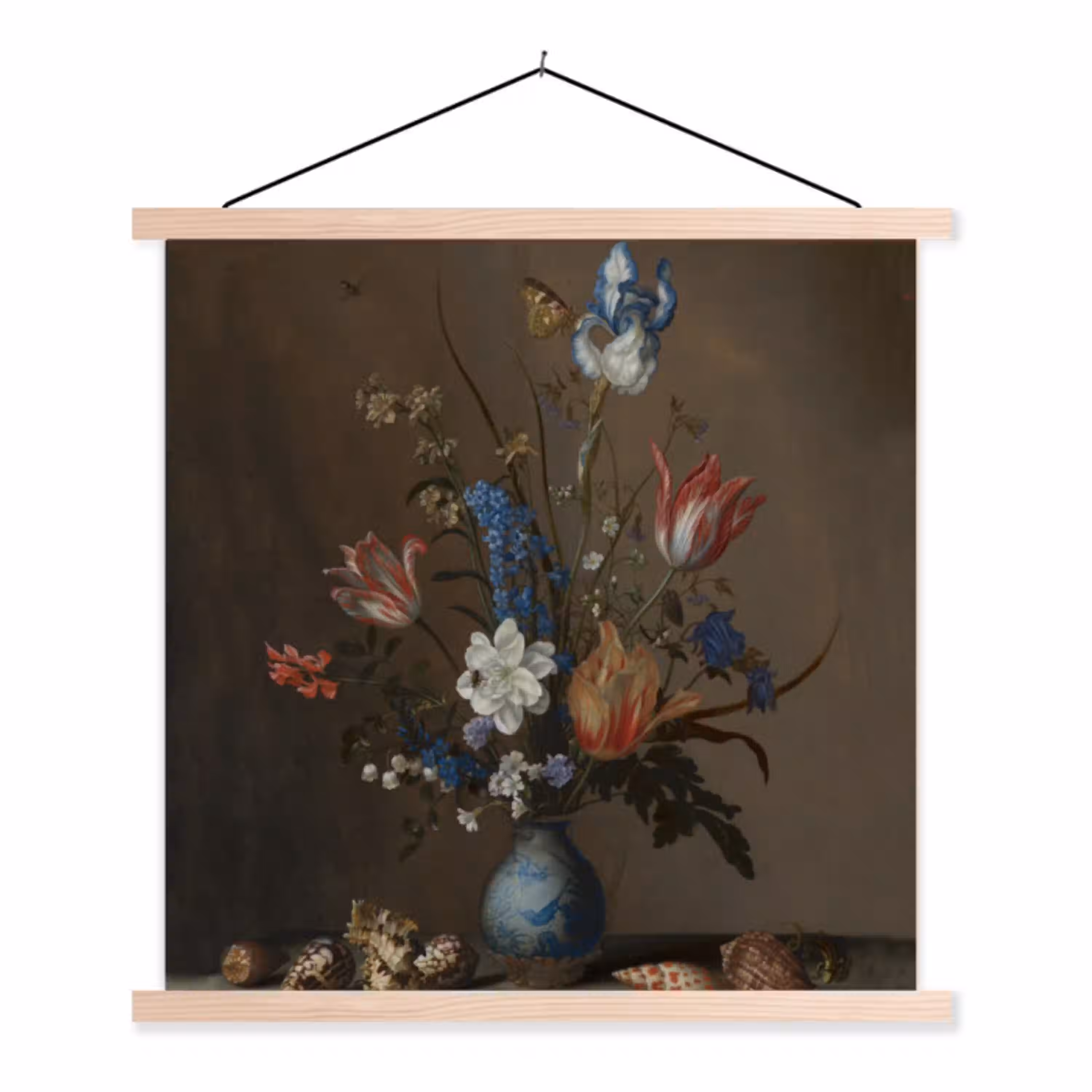 Bloemen in een Wan-Li vaas en schelpen - Schilderij van Balthasar van der Ast textielposter latten blank klein -3d