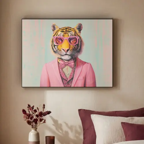 Tijger - Strik - Jasje - Roze Textielframe zwart klein -sfeer1
