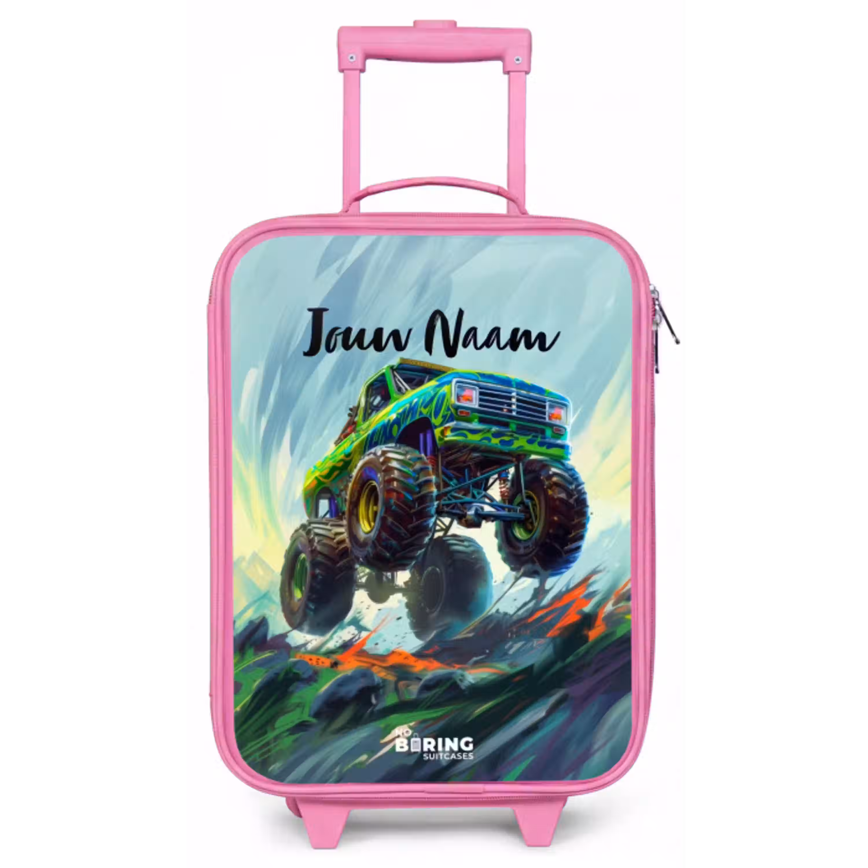 Groene Monstertruck met Penseelstreken Kinderkoffer - Roze klein -zz3dotto