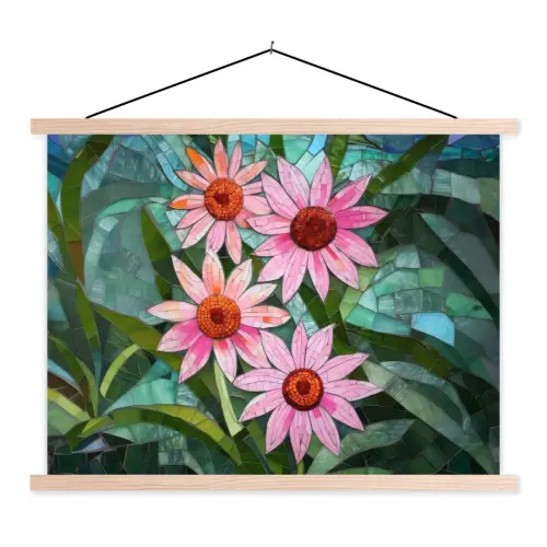 Bloemen - Roze - Glasmozaïek textielposter latten blank klein -3d