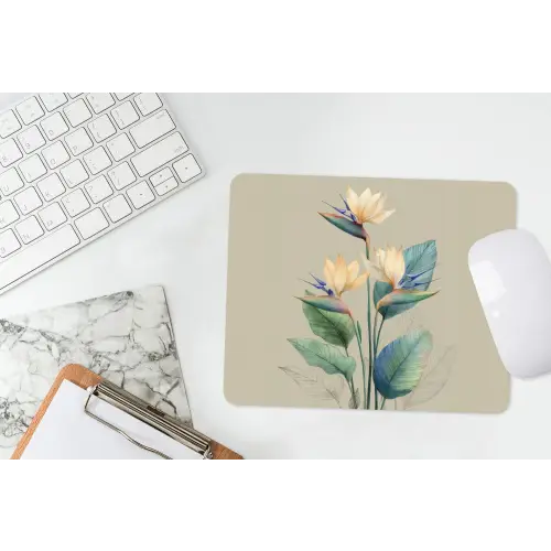 Paradijsvogelbloemen - Blauwgroene bladeren - Beige muismat rubber klein -witbureau