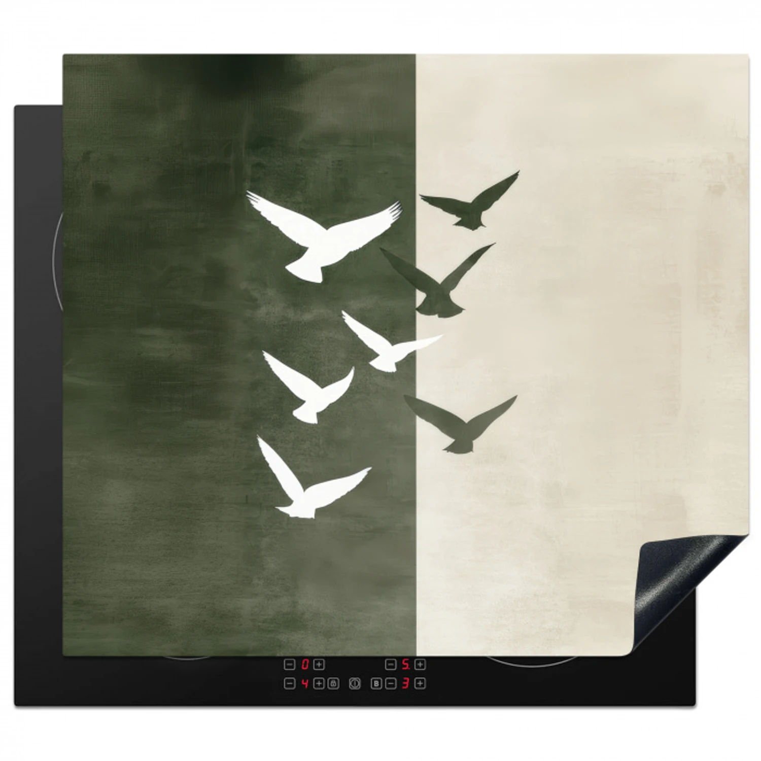 Japandi - Vogel - Groen Inductie beschermer vinyl 3mm middel -3d