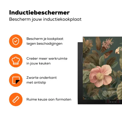 Groene papegaai - Kleurrijke bloemen - Donkere achtergrond Inductie beschermer vinyl 3mm klein -zzzzzzz-td-ups