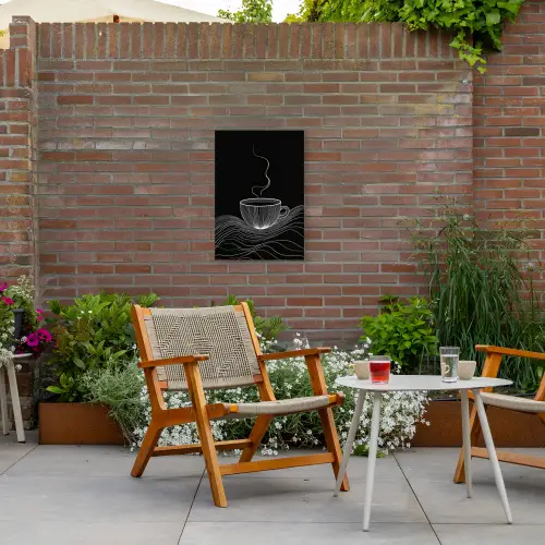 Lijntekening - Koffiekop - Zwart Tuinposter op houten frame 2 cm dik klein -sfeer3