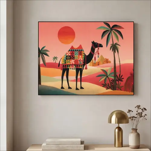 Kameel - Gekleurd tapijt - Duinen - Rode zon Textielframe zwart klein -sfeer2