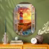 Doorkijk - Raam - Vuurtoren - Zonsondergang - Strand Wandcirkel Ovaal Glas middel -sfeer2