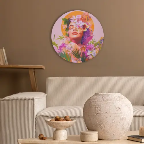 Vrouw - Abstract - Cirkel - Bloemen Akoestische PET Vilt - Rond klein -sfeer1