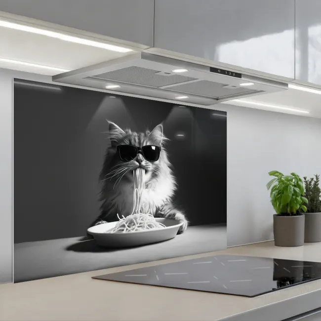 Spatscherm keuken - Langharige kat - Zonnebril - Spaghetti - Humor - Zwart - wit