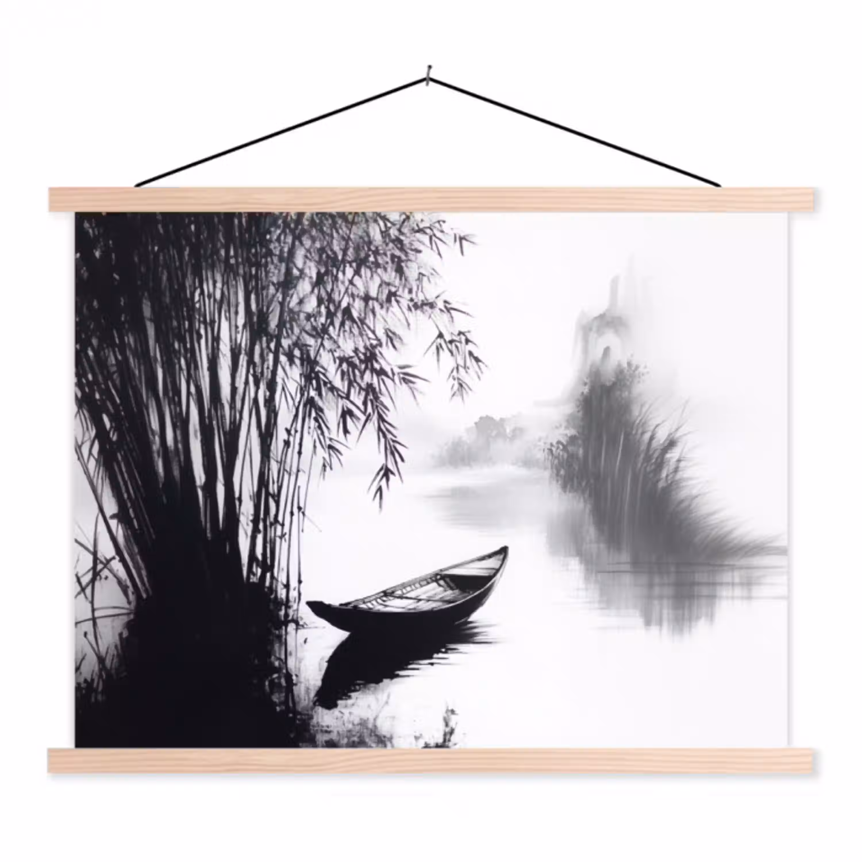 Boot - Rivier - Bamboe - Wit textielposter latten blank klein -3d
