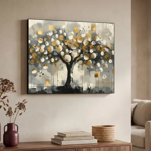 Boom - Abstract - Beige - Goud - Zwart Textielframe zwart klein -sfeer3