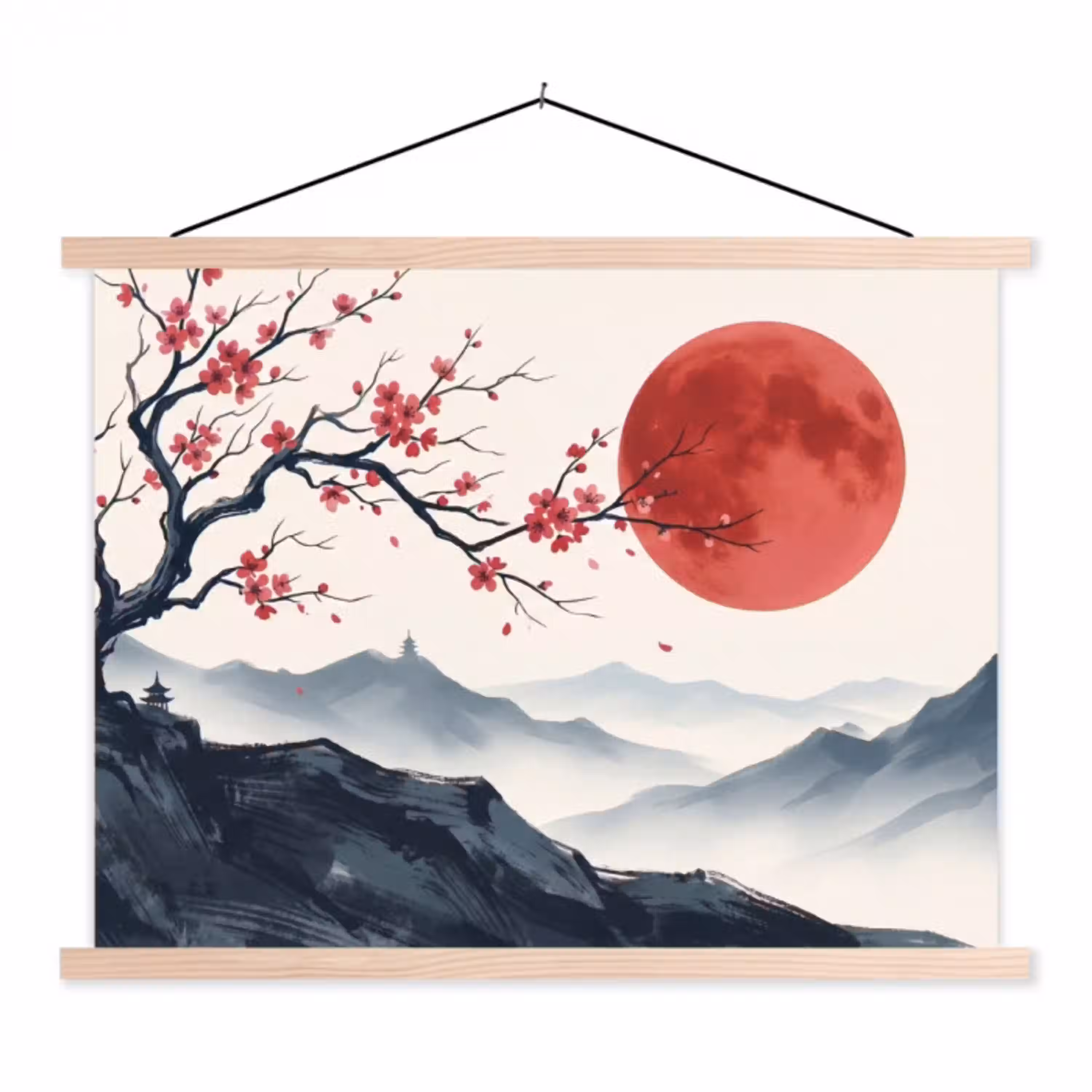 Kersenbloesem - Oosters - Rood textielposter latten blank klein -3d