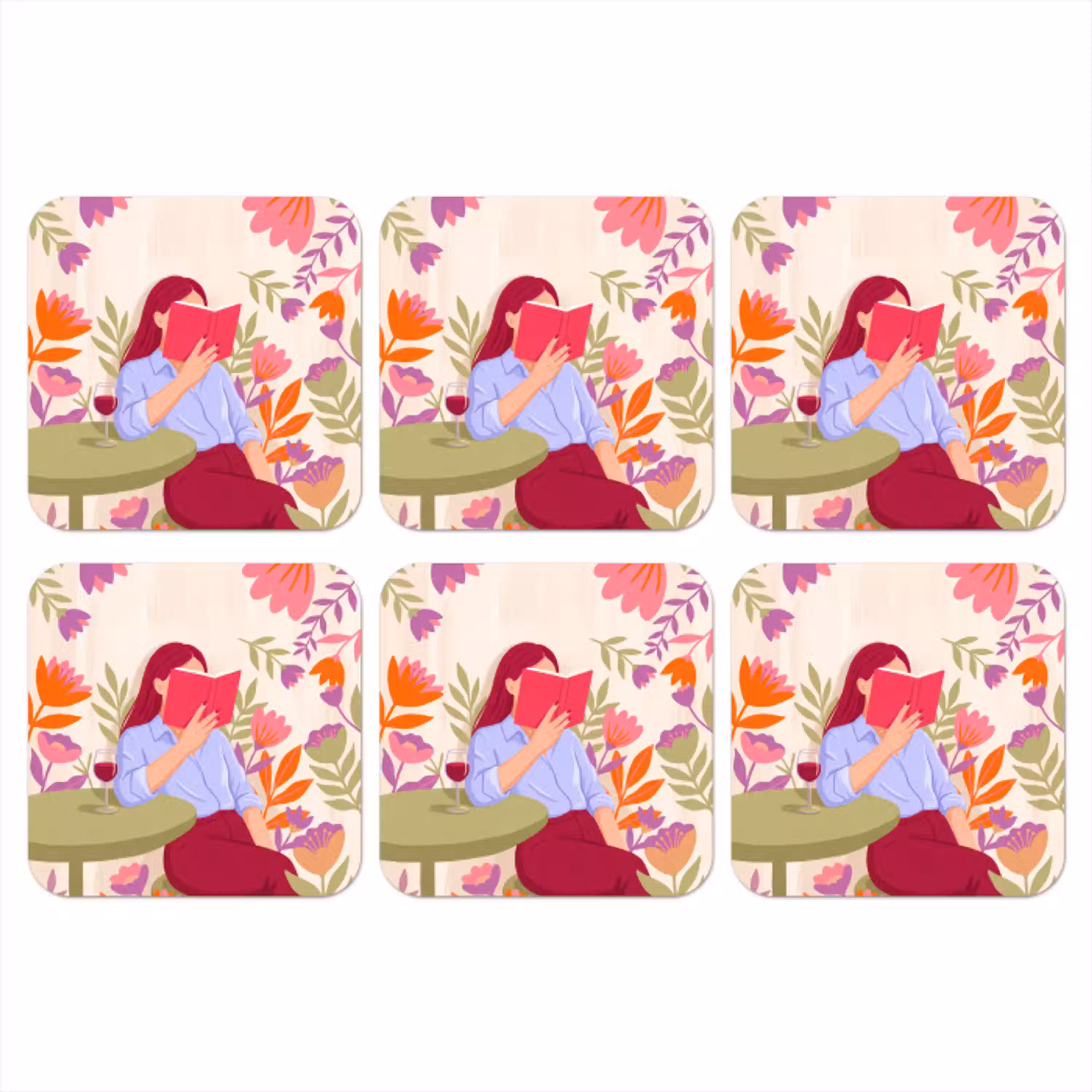 Vrouw - Lezen - Thuis - Modern - Bloemen onderzetter kurk middel -3d