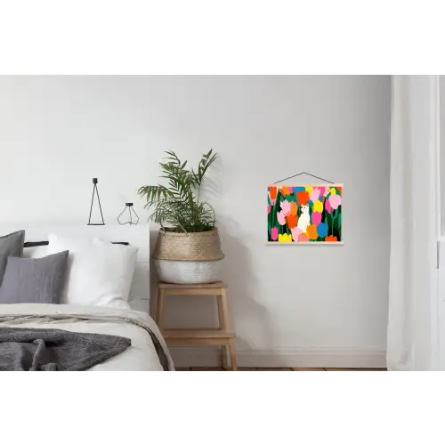 Tulpen - Kat - Kleurrijk textielposter latten blank klein -woonkamer