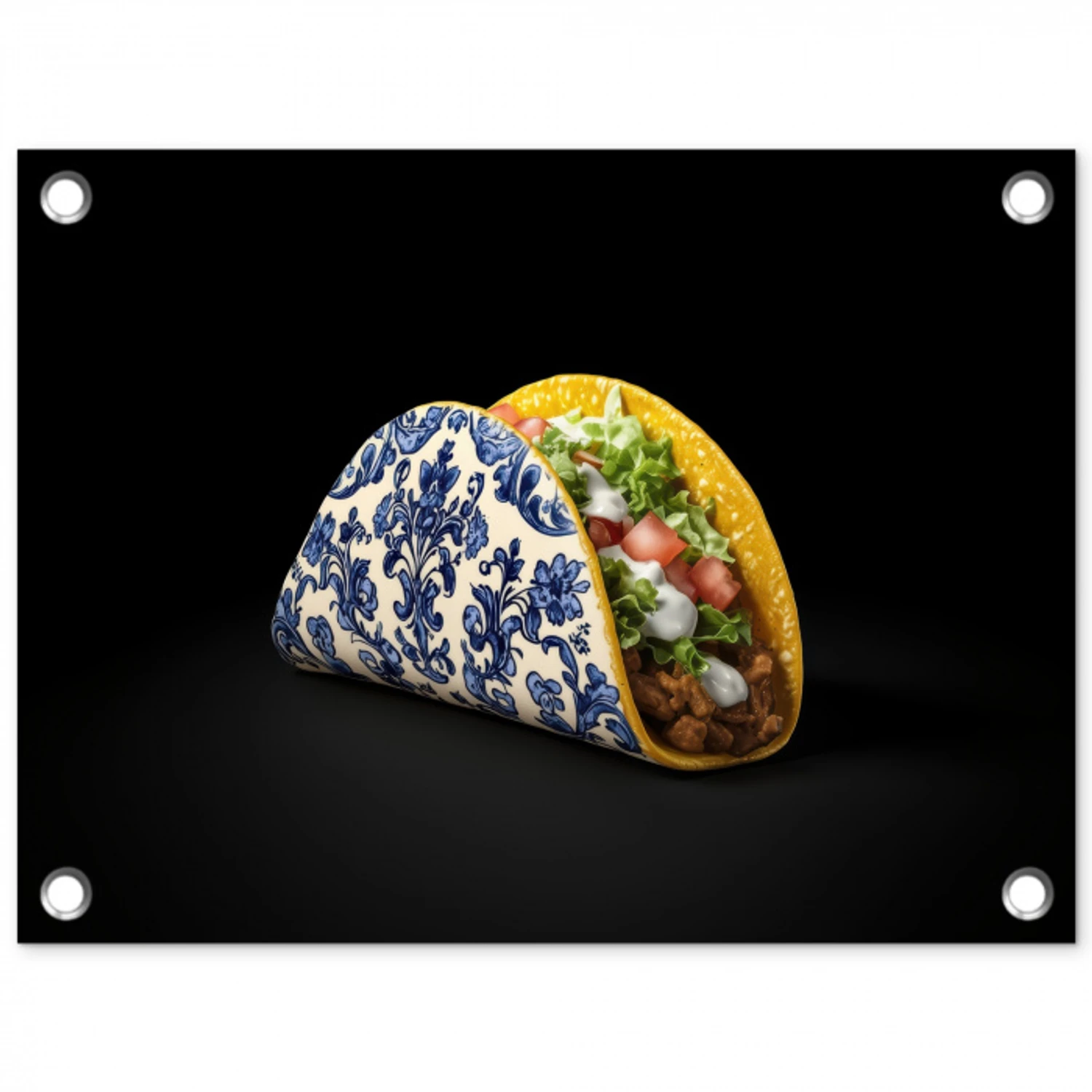 Taco - Vlees - Salade - Delftsblauw - Motief tuinposter los doek klein -3d