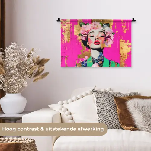 Bloemenkroon - Goud - Vrouw - Portret Wandkleed katoen klein -sfeer1