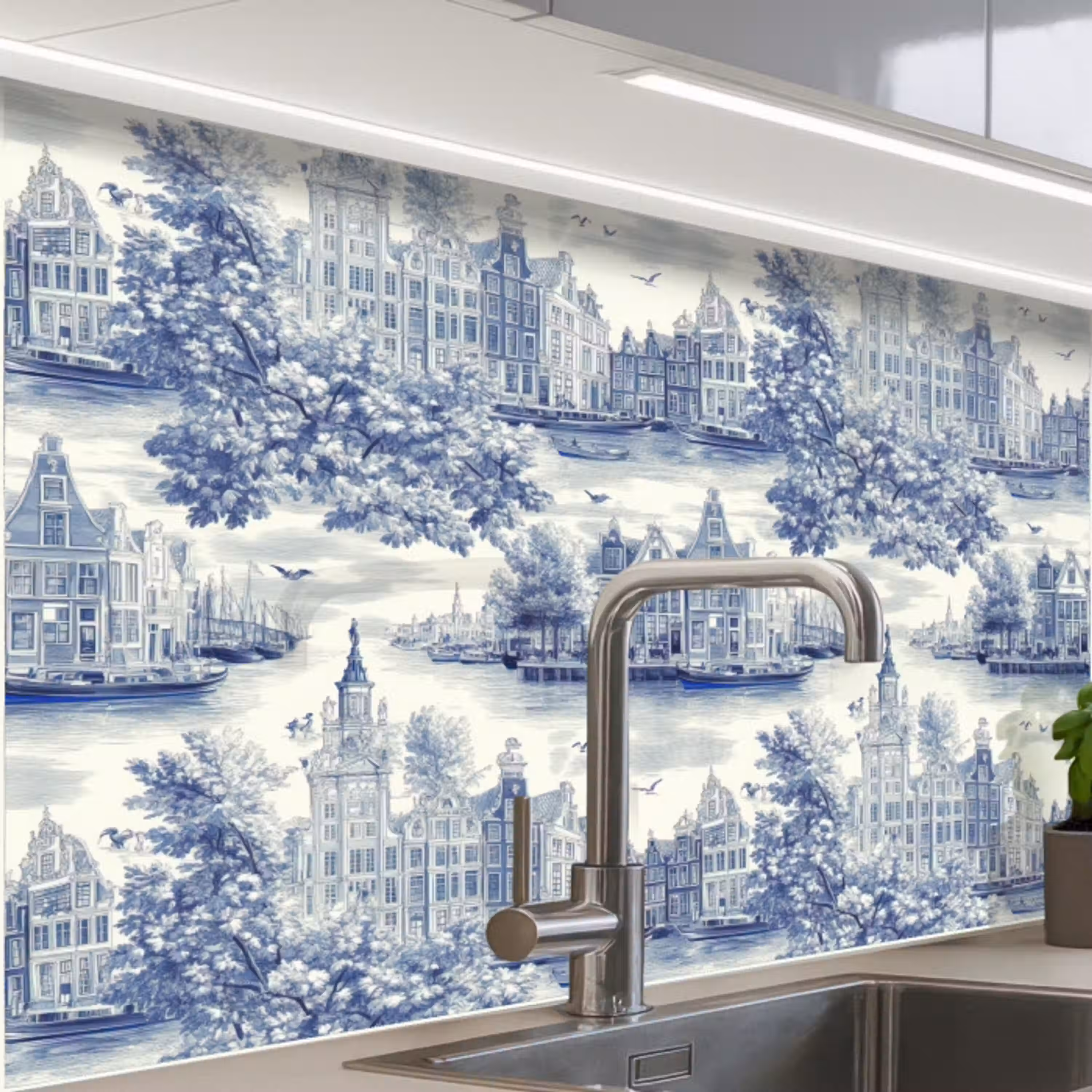 Huizen - Bomen - Water - Vogels - Blauw keuken achterwand 2 middel 865 -zzzz3d_schuin