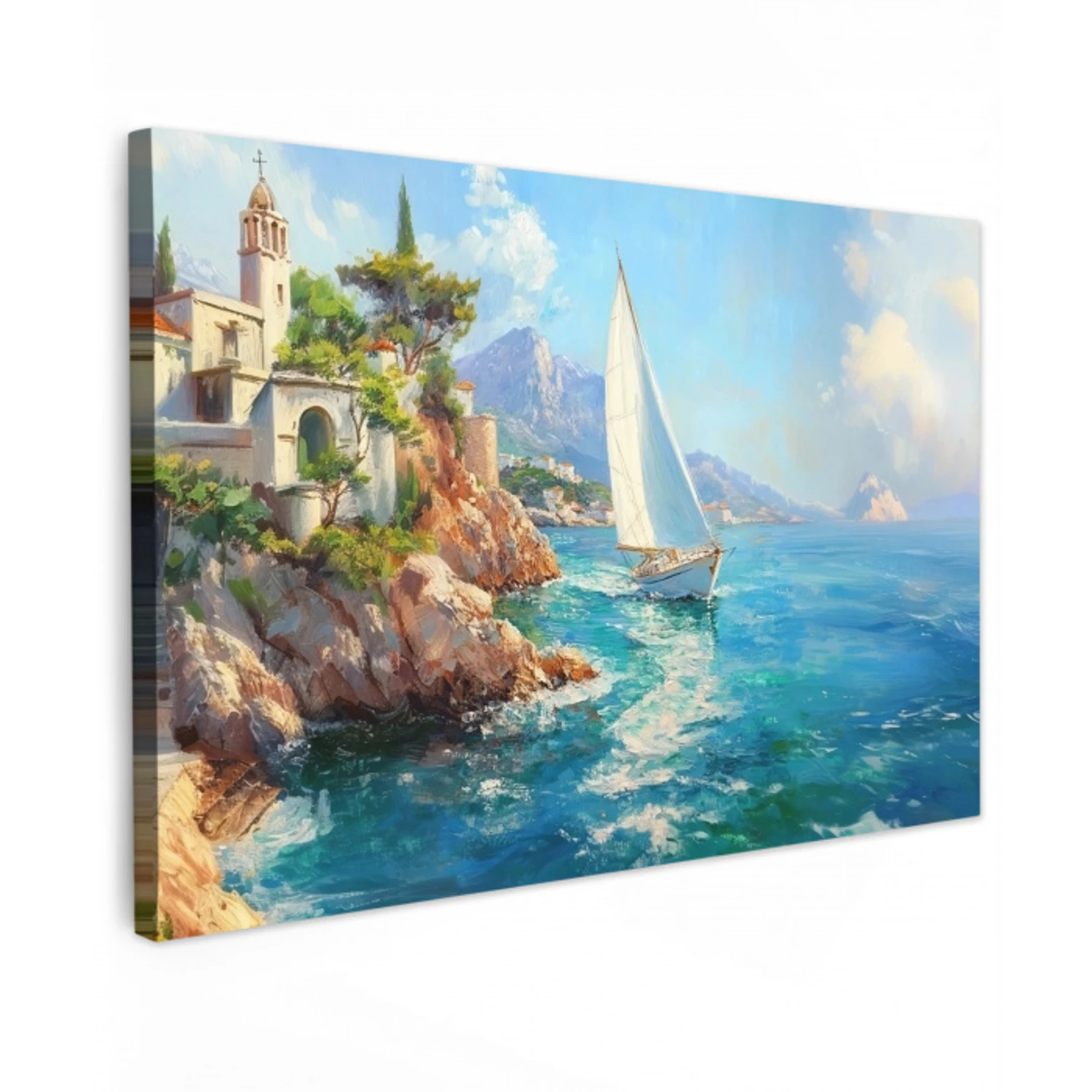 Zeilboot - Rotsen - Kust - Huizen Tuinposter op houten frame 2 cm dik klein -3d